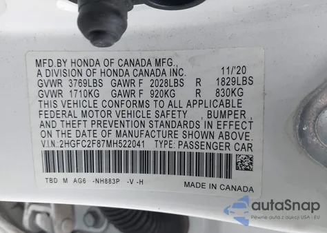 2021 Honda Civic Sport из США, поврежденный, VIN 2HGFC2F87MH522041